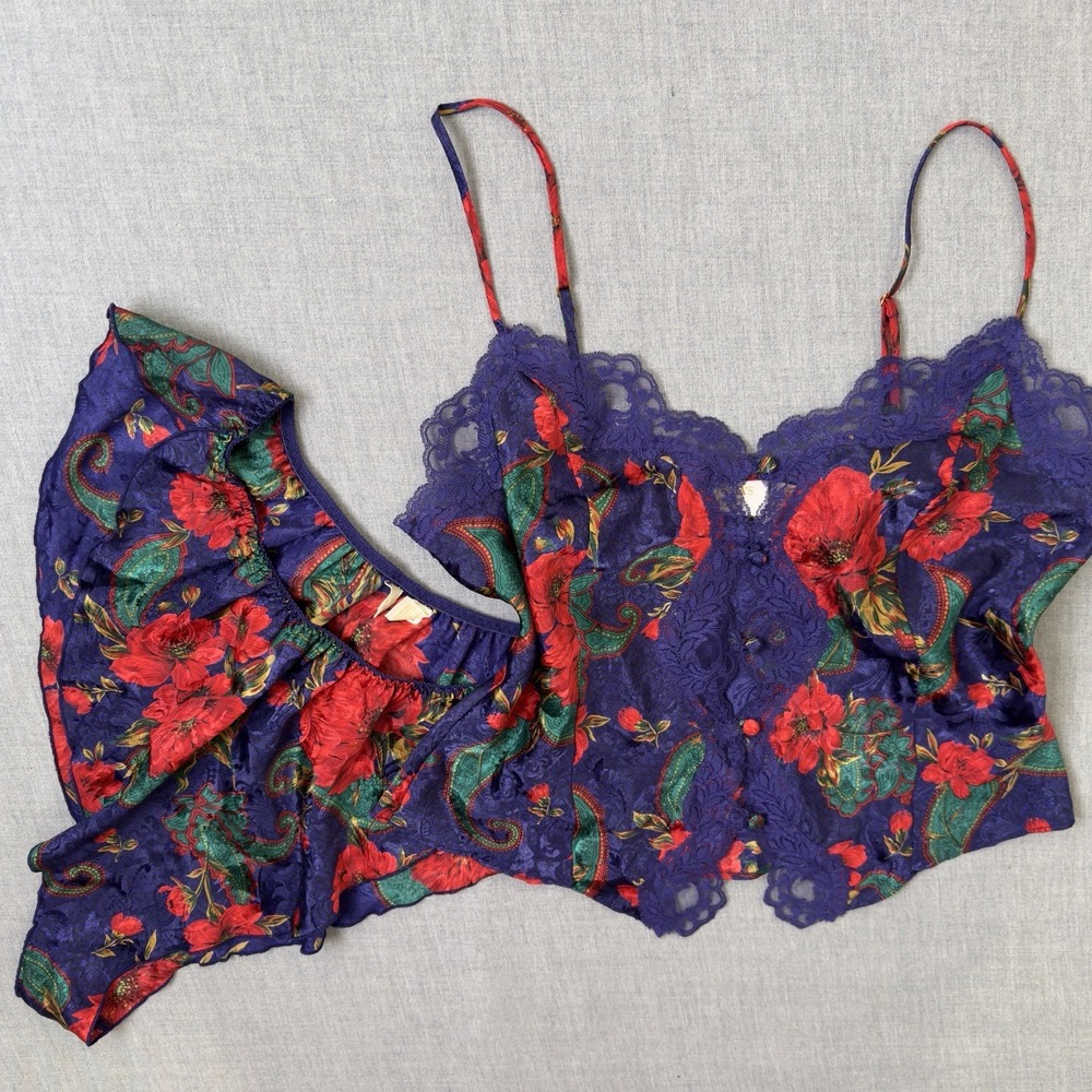 VTG‎ Victorias Secret Womens Medium Gold Label 2 Piece Cami Lingerie Set Floral